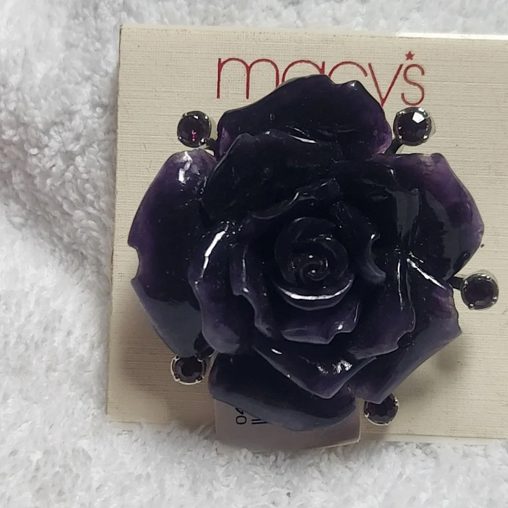 Purple Rose Brooch Pin Silver Tone Rhinestone Accents Floral ‎ chunky